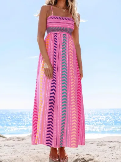 Women's Maxi Dress Ditsy Floral Sleeveless Smocked Ruffled Spaghetti Straps Long Summer Beach Dresses M Hot Pink