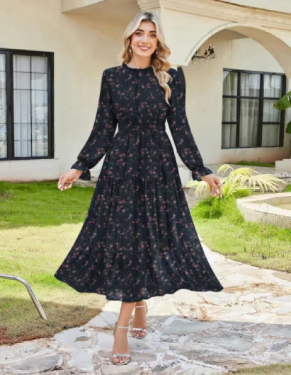 Women Long Sleeve Floral Chiffon Maxi Wedding Guest Dresses L Cl0211-08/Navy Blue