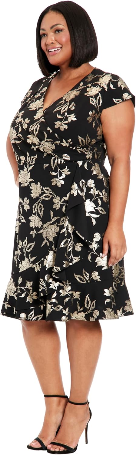 London Times Women's Pleated Surplus Cascade Flounce Dress Dresses (Pack of 1) 16 Black/Gold