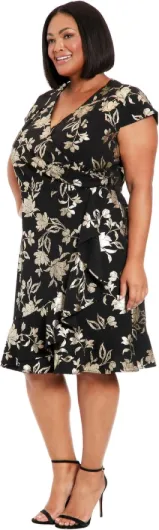London Times Women's Pleated Surplus Cascade Flounce Dress Dresses (Pack of 1) 16 Black/Gold