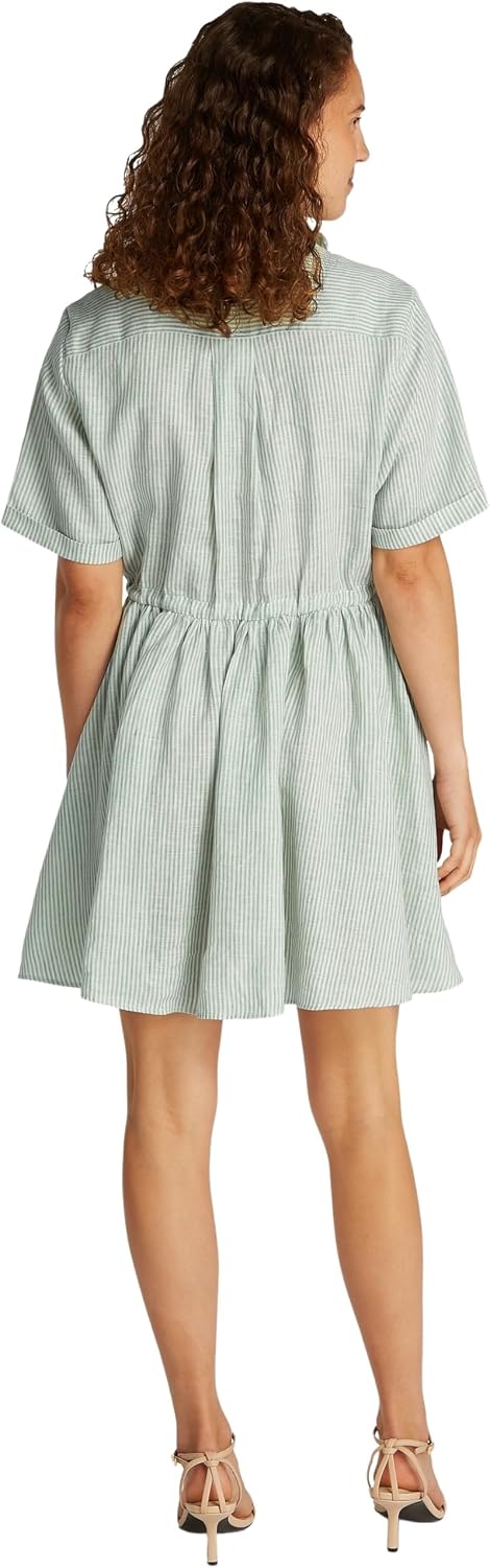 Women’s Short Linen Dress with Waist Belt 38 Green (Classic Ithaca/ Fort Green)