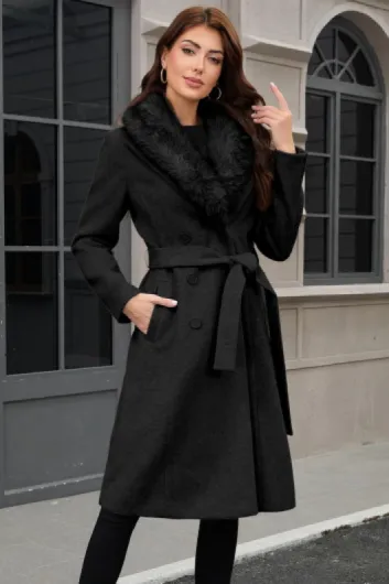 PAPILLON D'OR Women's Long Wool Coat - Double-Breasted Belted Trench with Detachable Faux Fur Collar M Black