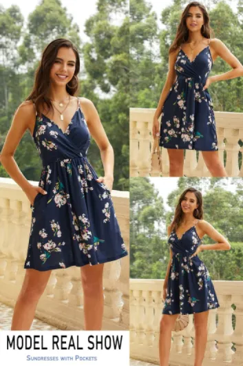 Women's V Neck Floral Spaghetti Strap Summer Dress Casual Swing Midi Sundress with Pockets L A1-floral01
