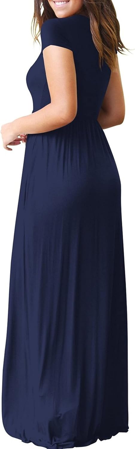 Womens Maxi Dress Ladies' Summer Casual Short Sleeve Long Dresses with Pocket for Daily, Holiday, Travel, Maternity M A05 Navy Blue