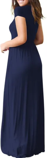 Womens Maxi Dress Ladies' Summer Casual Short Sleeve Long Dresses with Pocket for Daily, Holiday, Travel, Maternity M A05 Navy Blue