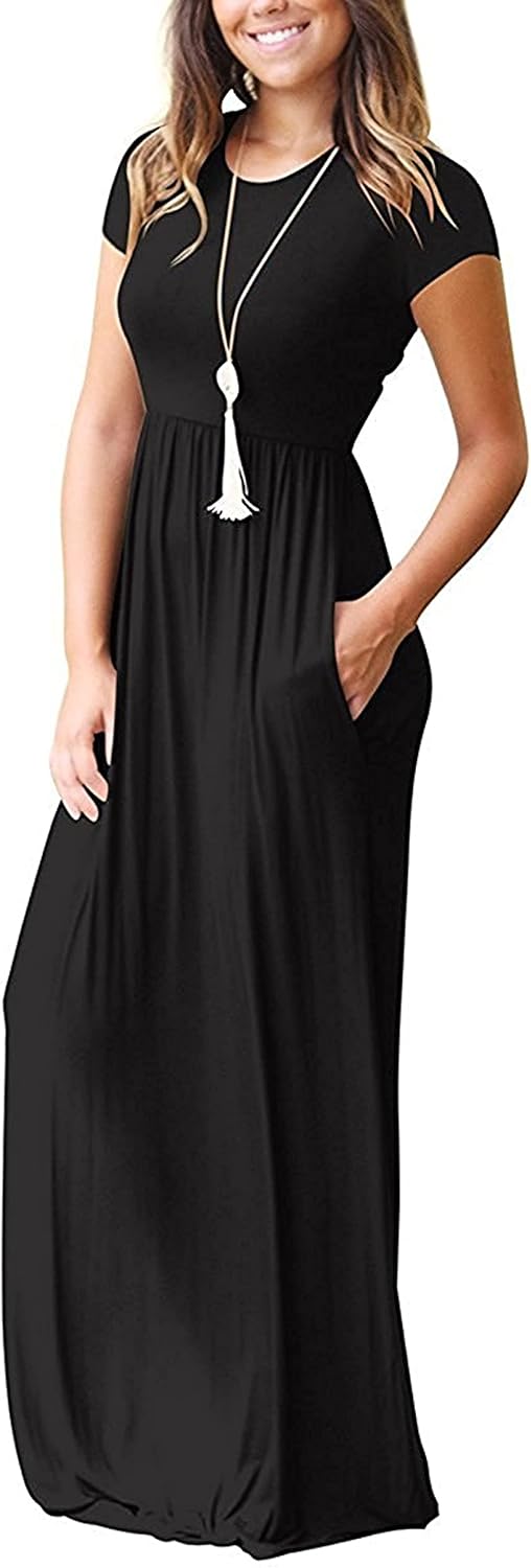 Womens Maxi Dress Ladies' Summer Casual Short Sleeve Long Dresses with Pocket for Daily, Holiday, Travel, Maternity L A01 Black