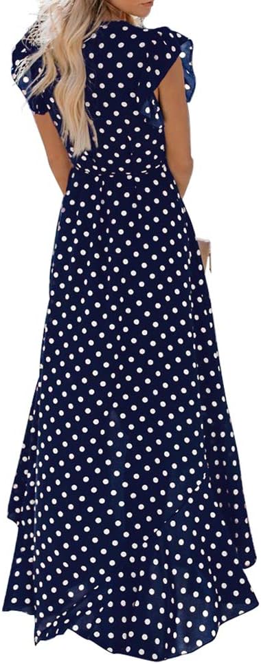 Womens Summer Maxi Dress Boho Floral Cocktail Midi Polka Dot Wrap Dresses V Neck Casual Party Bohemian Flowy Long Dress for Ladies M 01 Polka Dots-navy Blue