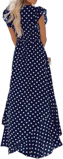 Womens Summer Maxi Dress Boho Floral Cocktail Midi Polka Dot Wrap Dresses V Neck Casual Party Bohemian Flowy Long Dress for Ladies M 01 Polka Dots-navy Blue