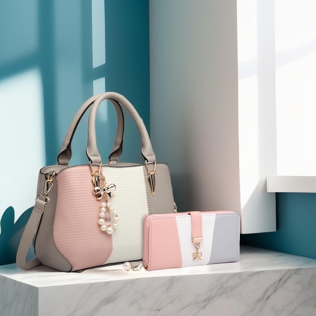 Women Designer Top Handle Bag Fashion Colour Block Shoulder Bag with Pearl and Crystal Style Drop 1-6 Grey