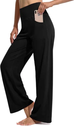 Women's Activewear Trousers Yoga Trousers with Pockets Wide Leg Pants Stretch Tracksuit Bottoms Gym Joggers Causal Lounge Tummy Control Pants Petite/Regular/Tall L Black